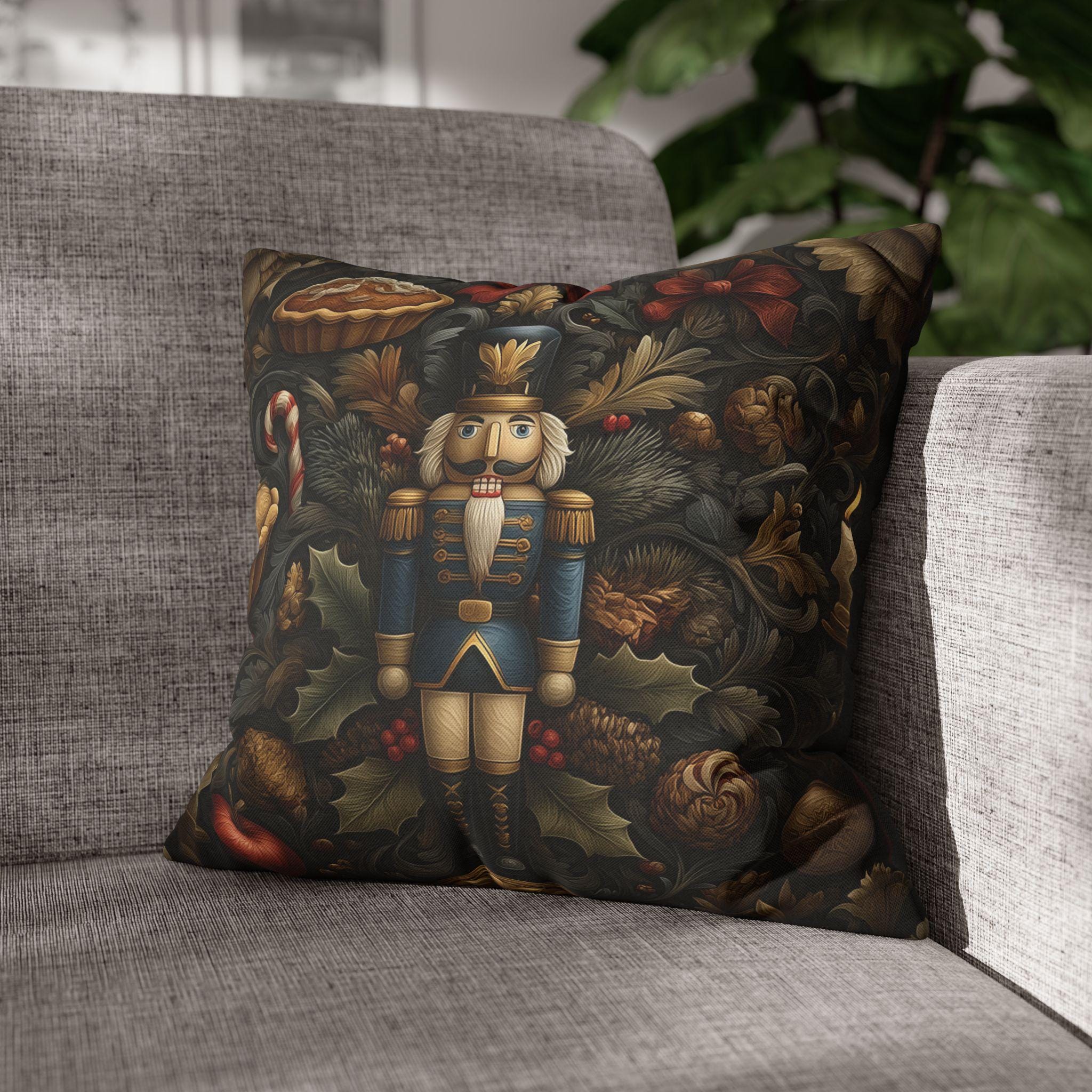 William Morris Nutcracker Pillow Cover: Woodland Holly & Pinecone Holiday Design