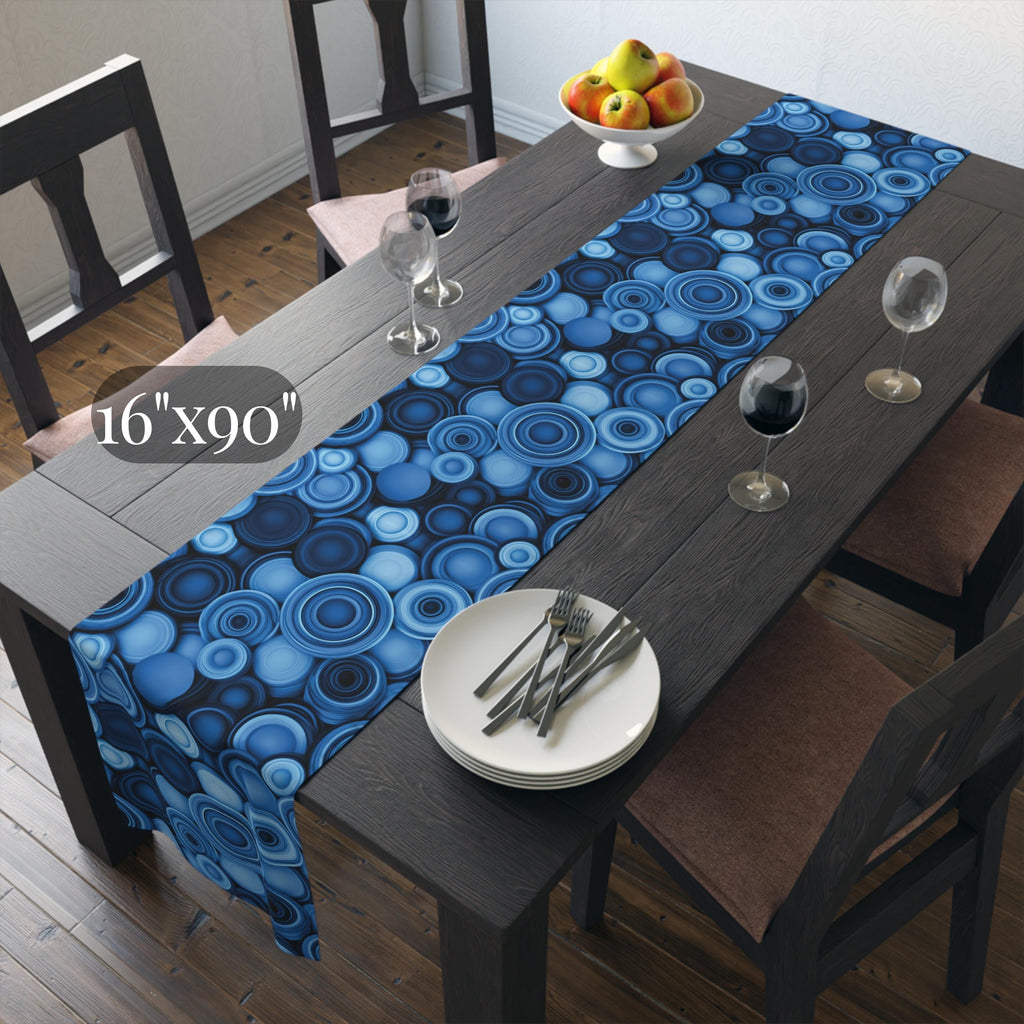 Retro Modern Blue Geometric Table Runner: Mid Century Circle Pattern Decor