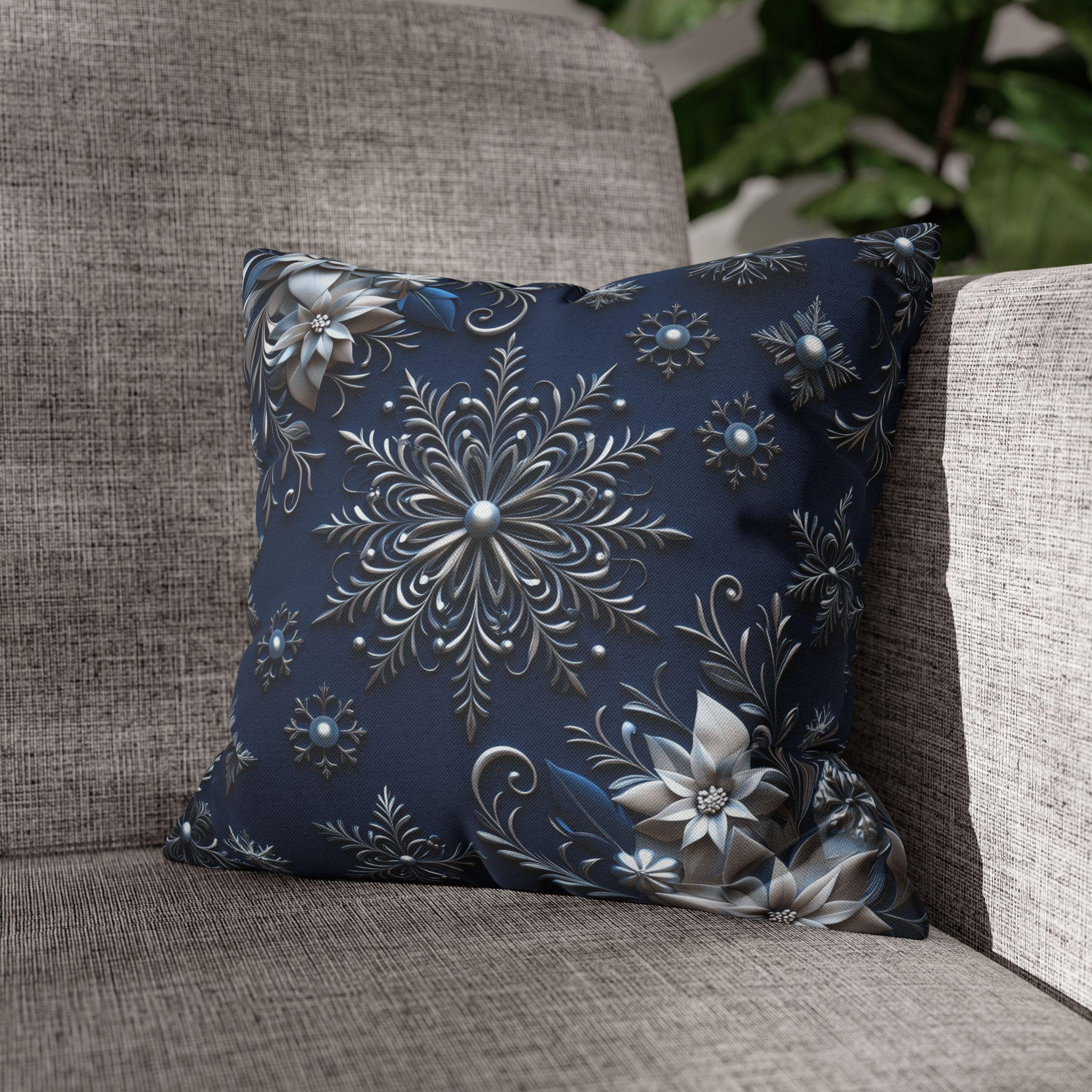 Winter Blue Silver Poinsettia Snowflake Pillowcase, Holiday Decor Square Throw Pillow Cover