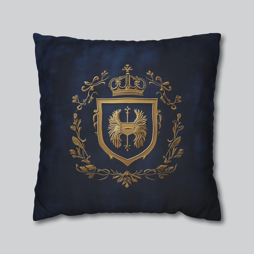 Regal Golden Emblem Navy Blue Pillow Cover: Elegant Home Decor
