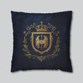 Regal Golden Emblem Navy Blue Pillow Cover: Elegant Home Decor