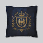 Regal Golden Emblem Navy Blue Pillow Cover: Elegant Home Decor