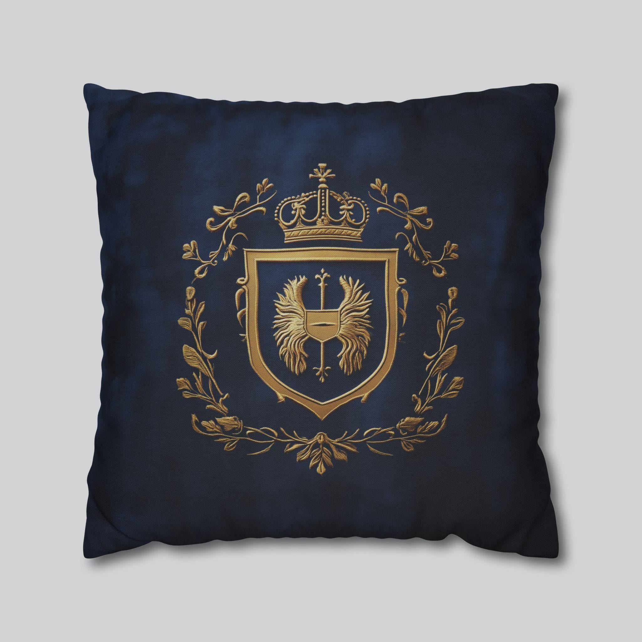 Regal Golden Emblem Navy Blue Pillow Cover: Elegant Home Decor