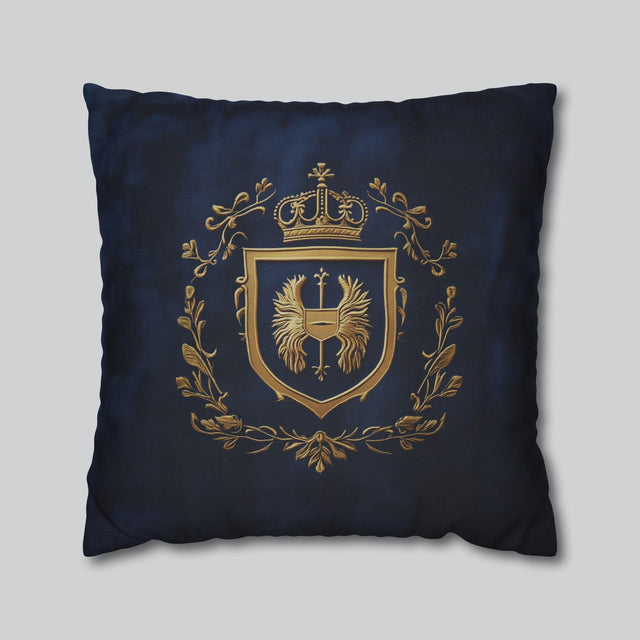 Regal Golden Emblem Navy Blue Pillow Cover: Elegant Home Decor