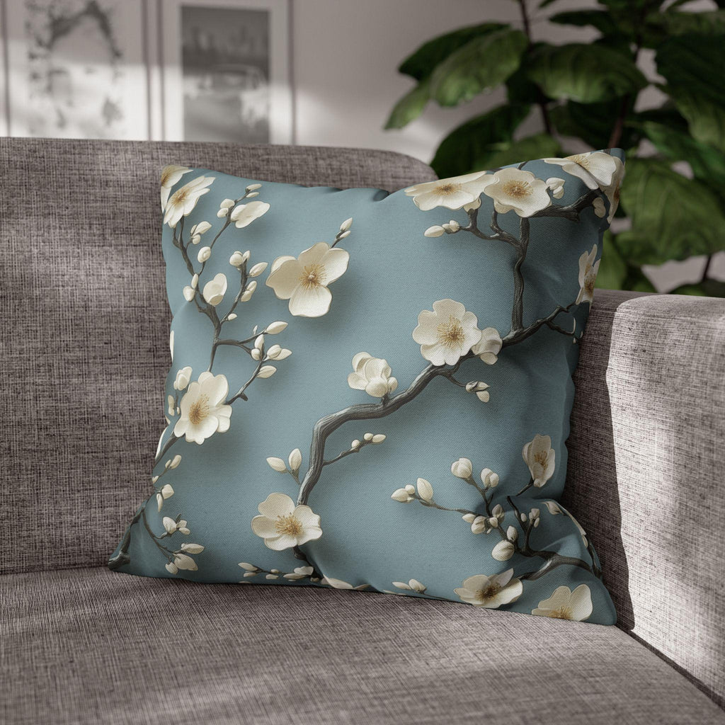 Elegant Chinoiserie Pillowcase: Blue-Teal Gradient Cherry Blossom Design for Home Decor