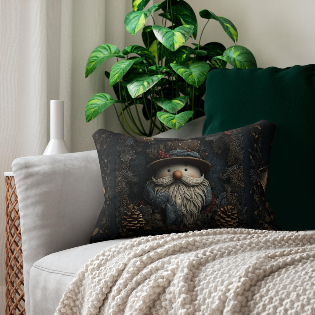 William Morris Inspired Christmas Lumbar Pillow: Rustic Santa Snowman Woodland Pine & Holly Illustration