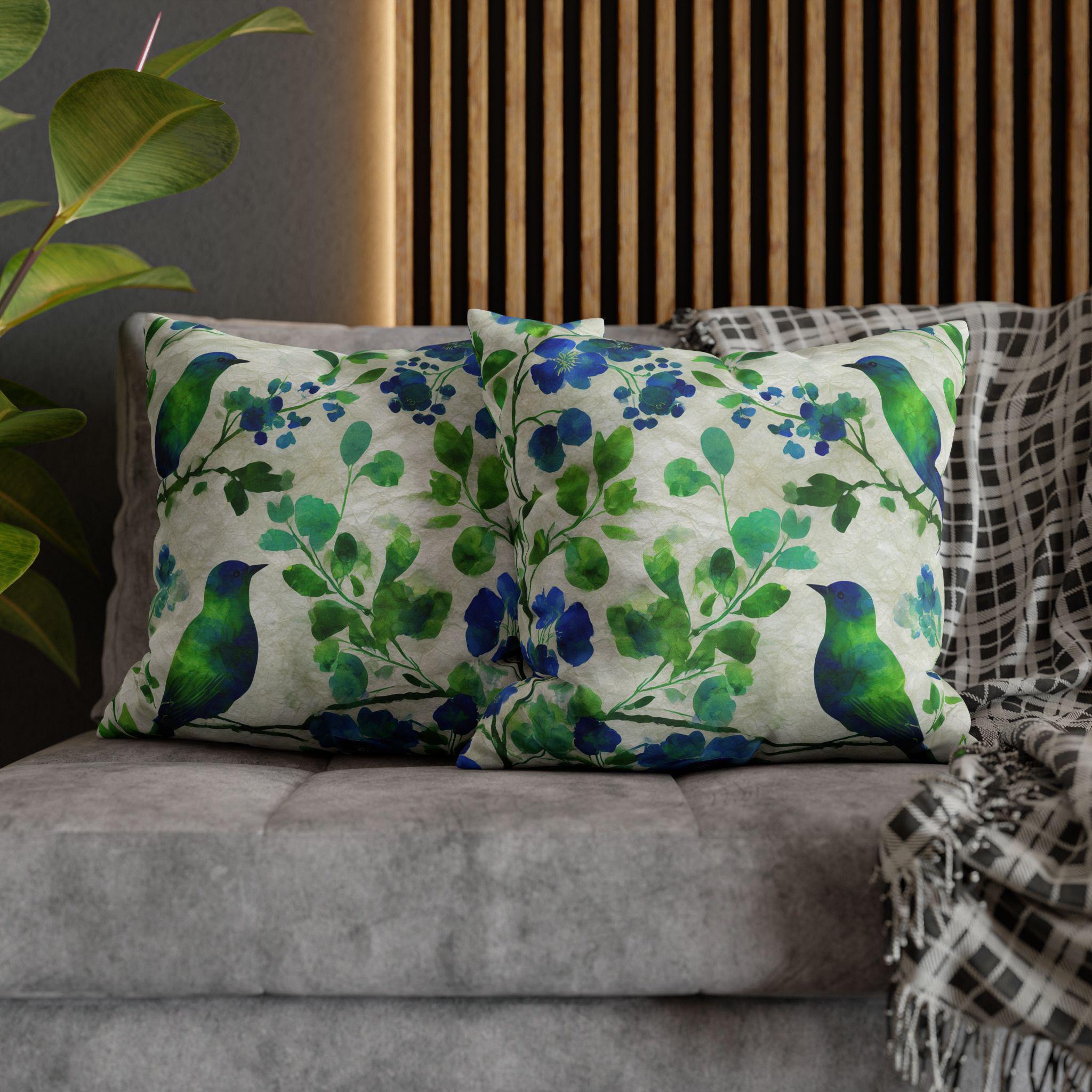 Chinoiserie Bird Pillow Cover: Blue-Green Watercolor Botanical Cushion for Elegant Cottagecore Decor