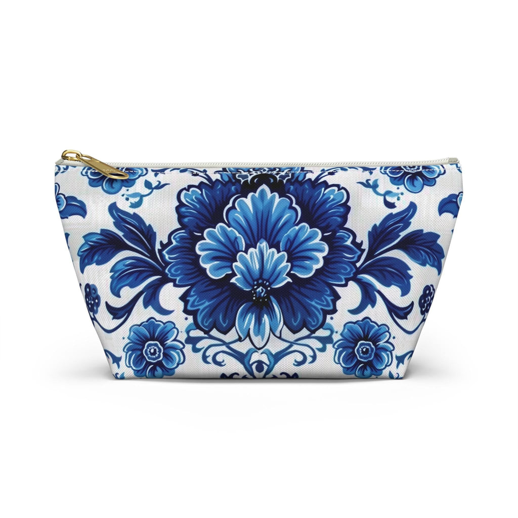 Elegant Blue Floral Accessory Pouch: Boho Makeup Bag & Travel Organizer with Porcelain Pattern