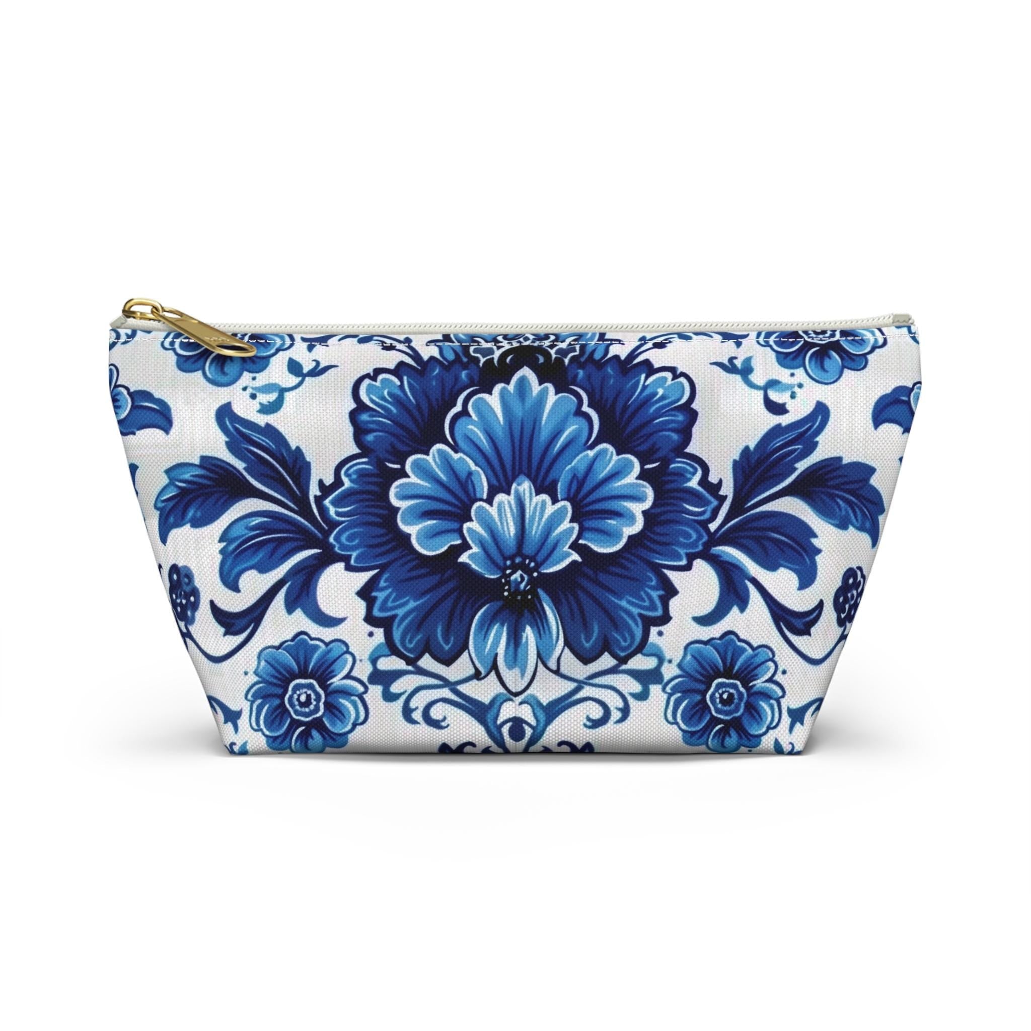 Elegant Blue Floral Accessory Pouch: Boho Makeup Bag & Travel Organizer with Porcelain Pattern