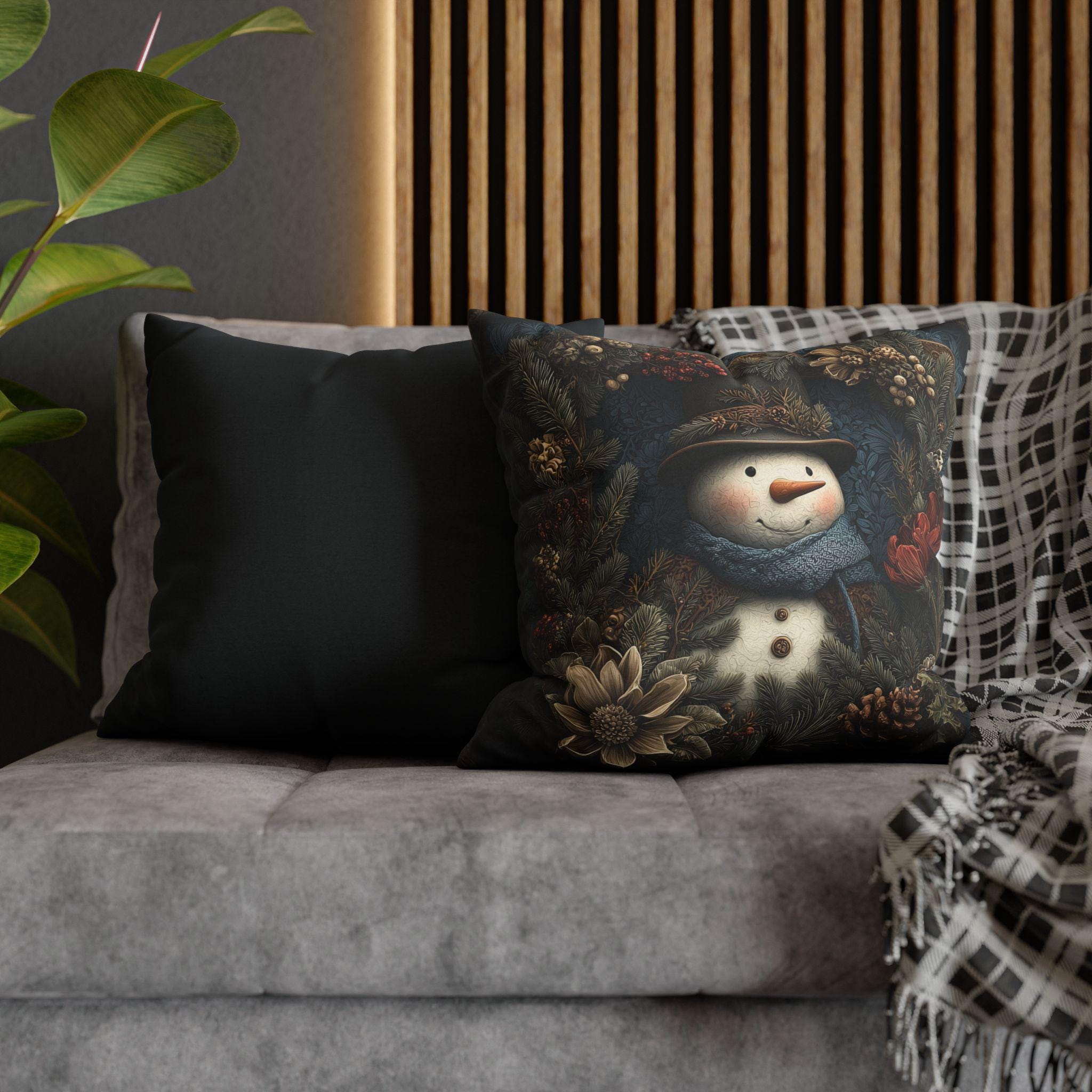 Winter Woodland Snowman Pillow Cover: William Morris Style with Pine, Florals & Vintage Charm