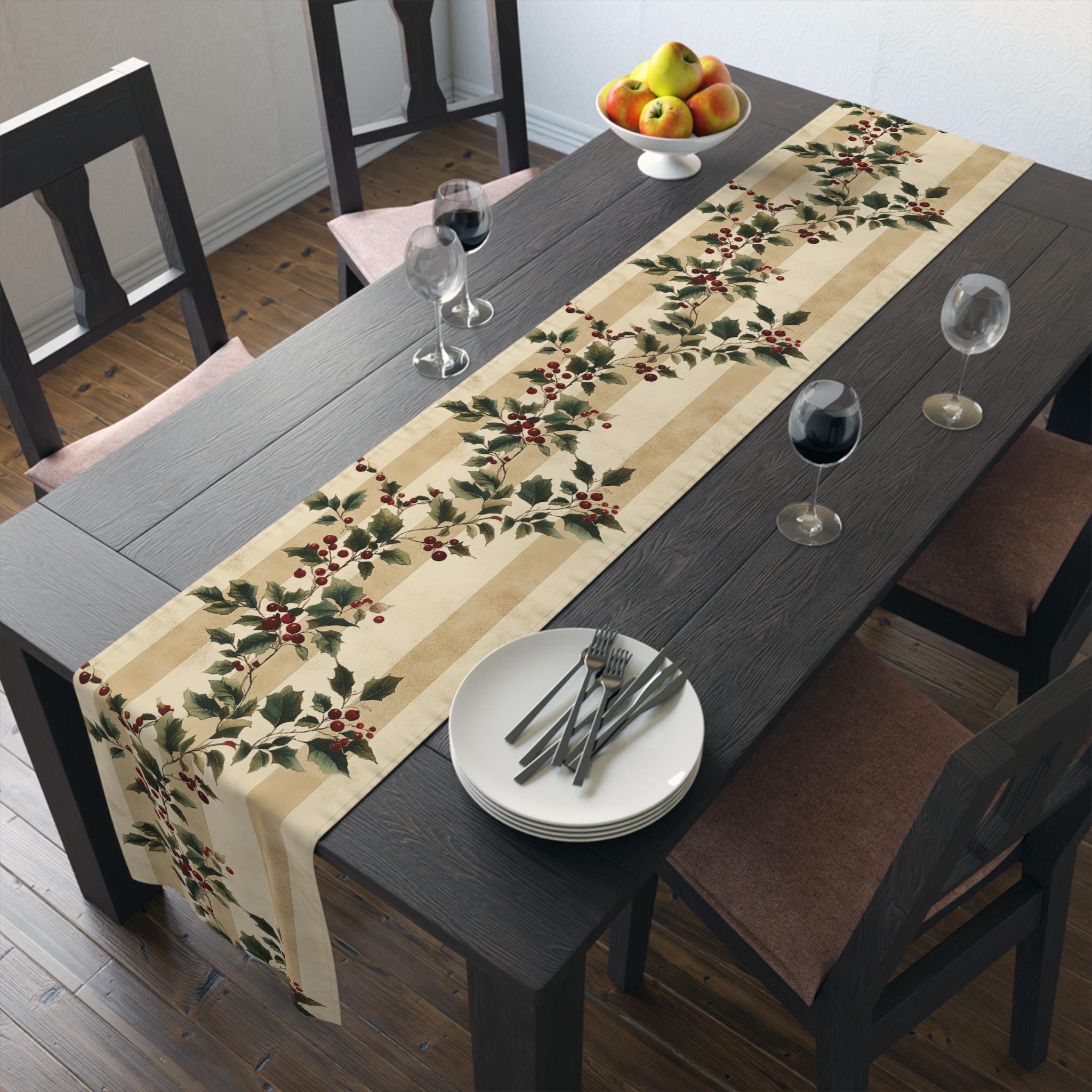 Vintage Style Holly Stripe Table Runner: Classic Christmas Botanical Holiday Decor