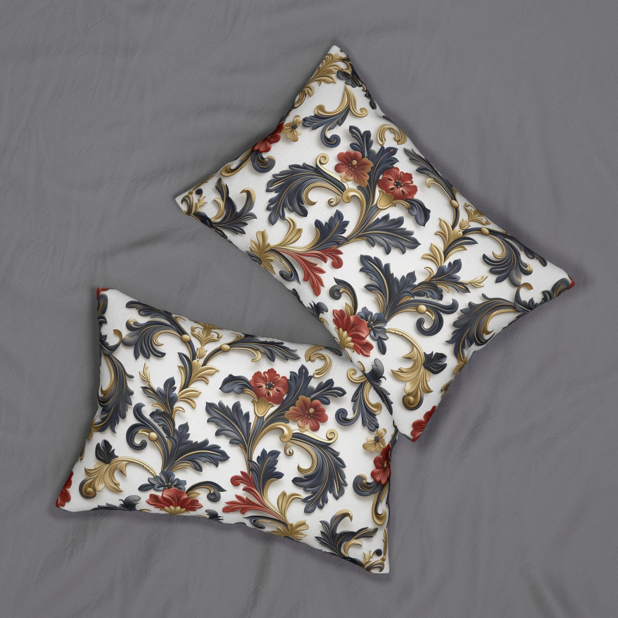 Baroque Inspired Lumbar Pillow | Luxurious Navy Blue, Gold, and Red Floral Design | White Background