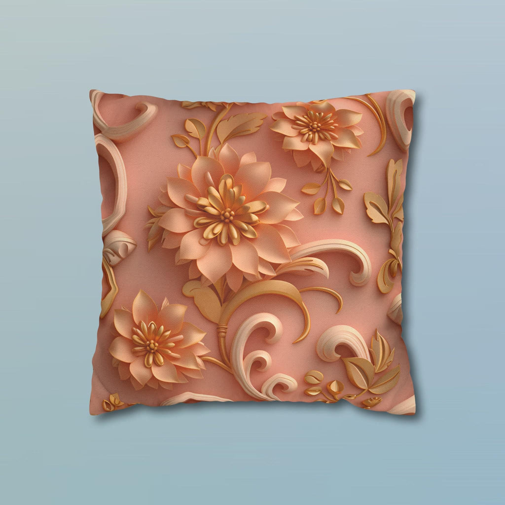 Peach Floral Rococo Pillow Cover: Gold Botanical Accent, Luxury Home Decor