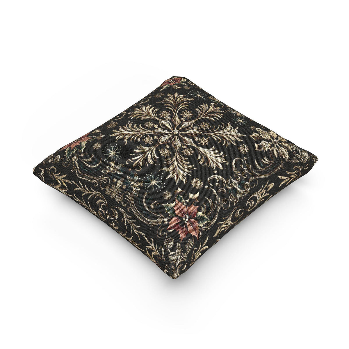 Christmas Woven Throw Pillow, Ivory Gold Snowflakes and Red Poinsettias on Deep Charcoal