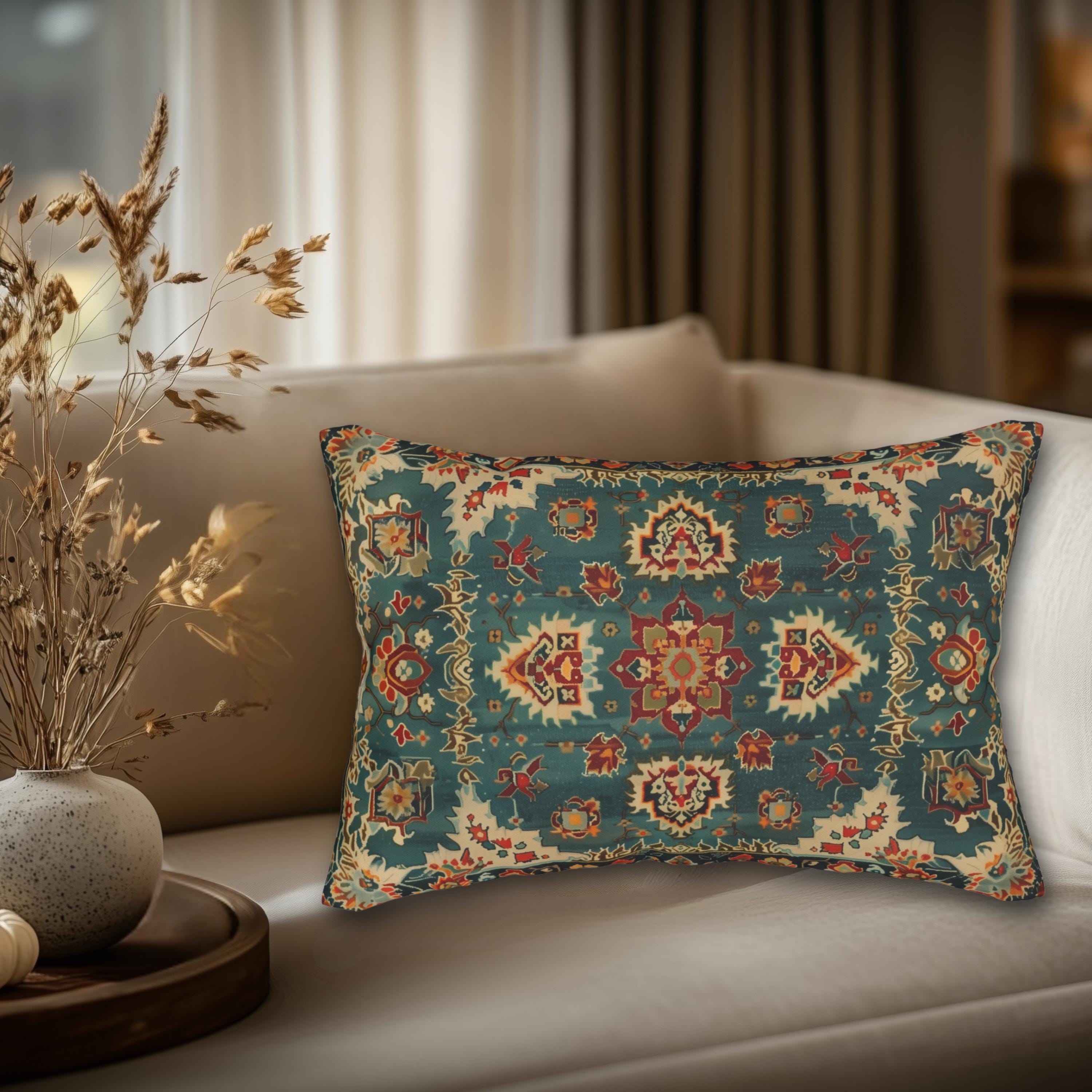 Turkish Rug-Inspired Lumbar Throw Pillow Traditional  Rich Medallion Pattern Deep Teal and Warm Red Square Cushion Cover