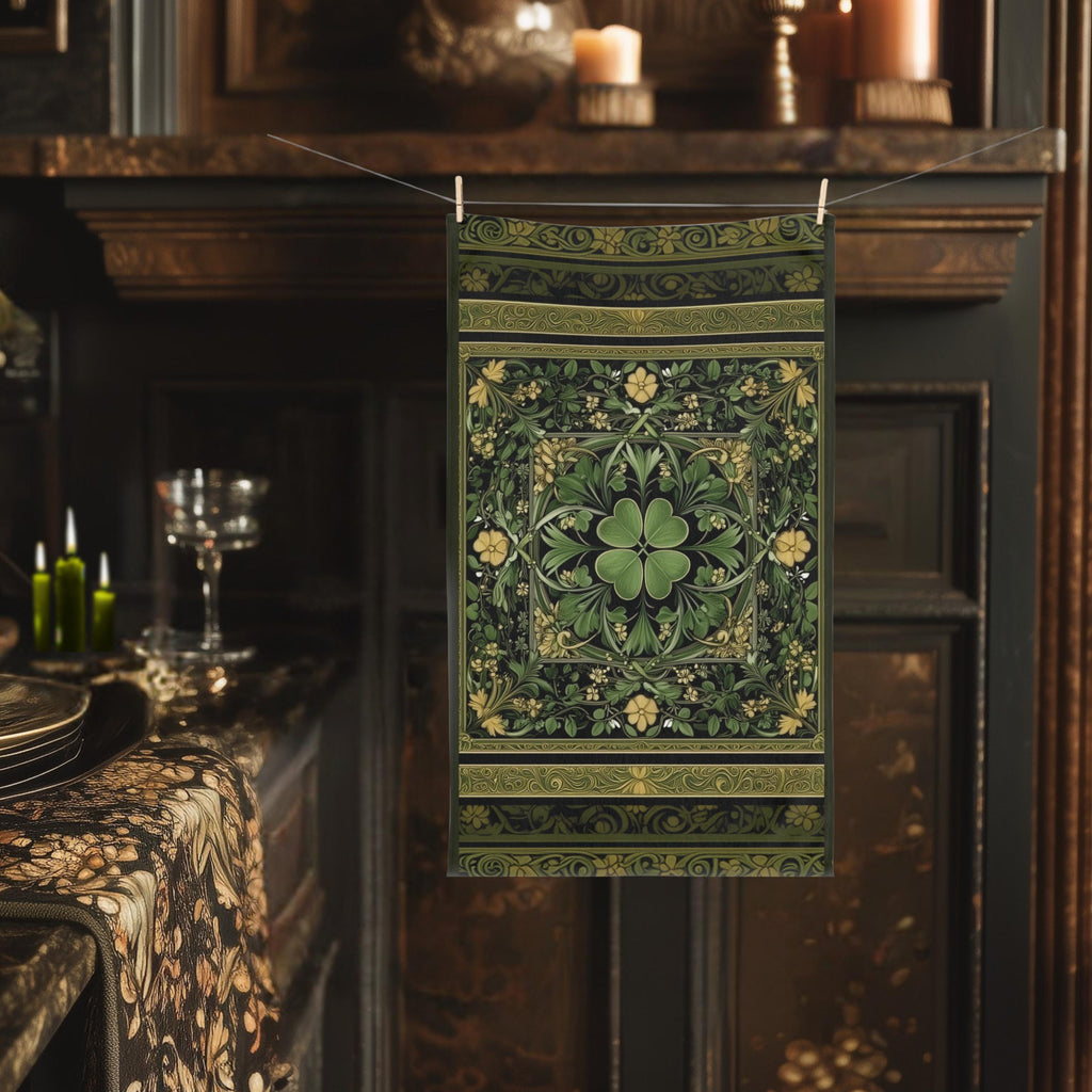 Celtic Clover Botanical Hand Towel: William Morris Inspired Green Tapestry for Bath or Kitchen