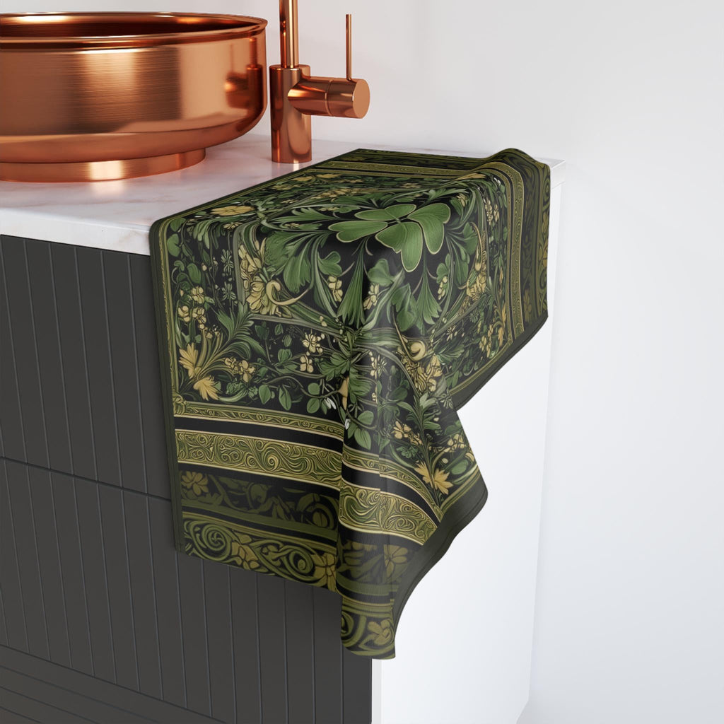 Celtic Clover Botanical Hand Towel: William Morris Inspired Green Tapestry for Bath or Kitchen