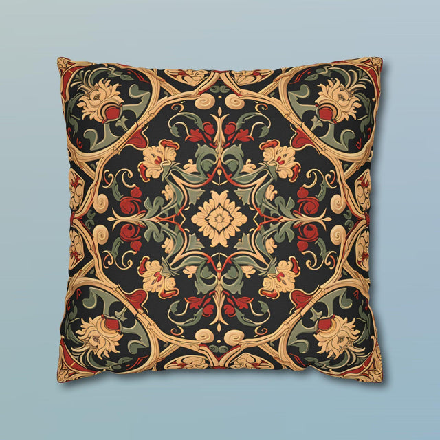 Renaissance Floral Pillow Cover: Red, Green & Gold on Dark Ground