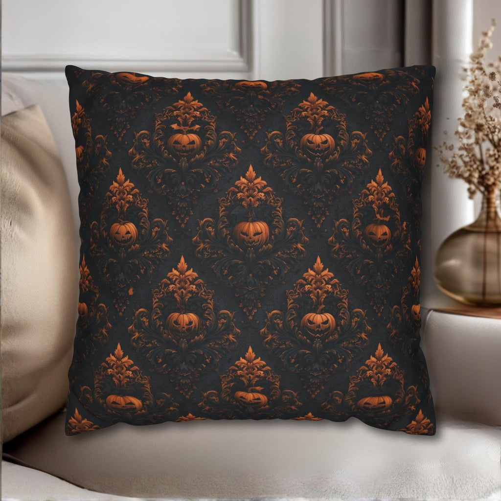 Gothic Halloween Pillow Cover: Jack-o-Lantern Damask in Black and Burnt Orange