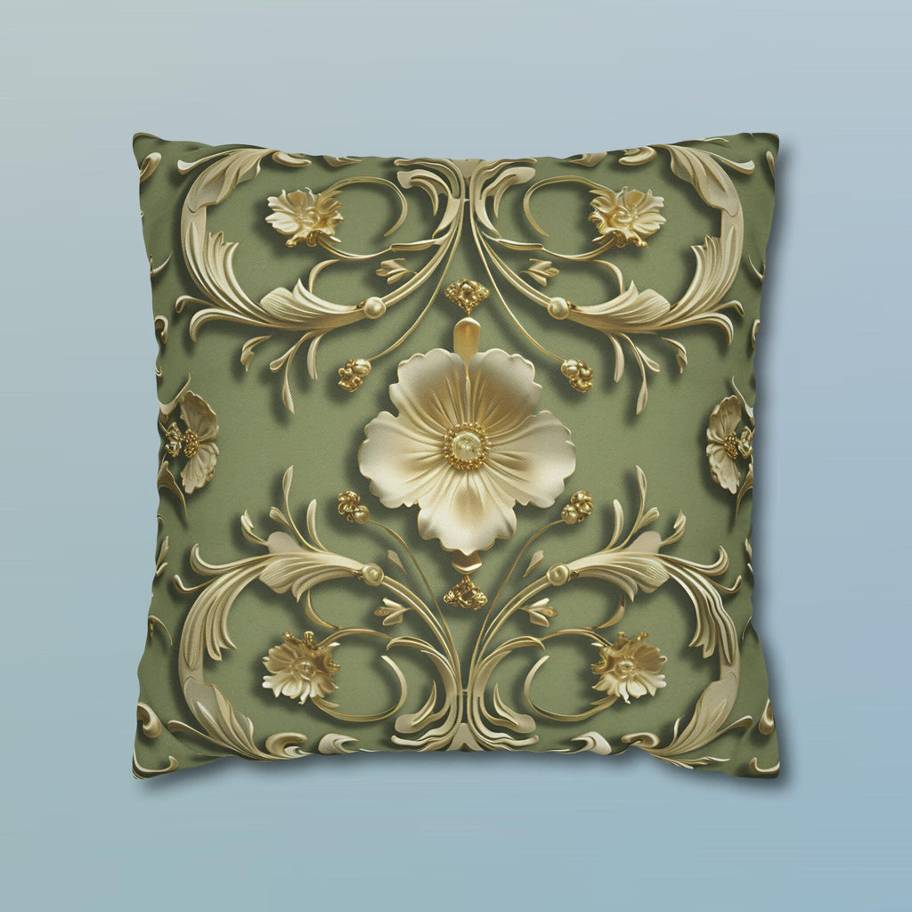 French Baroque Floral Pillow Cover: Sage Green & Gold Vintage Cushion