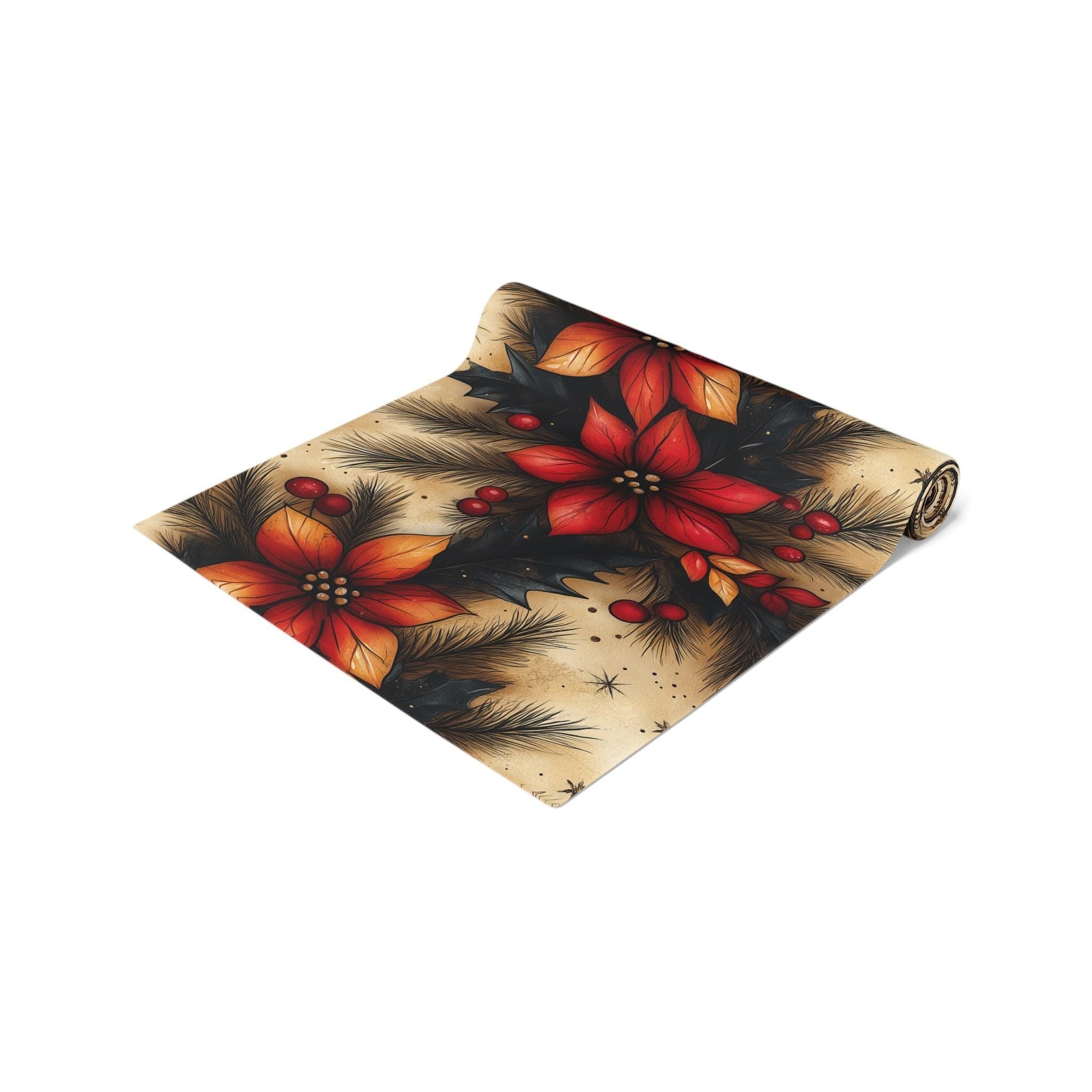 Christmas Poinsettia Table Runner Traditional Red and Green Holiday Festive Home Dining Table Decor