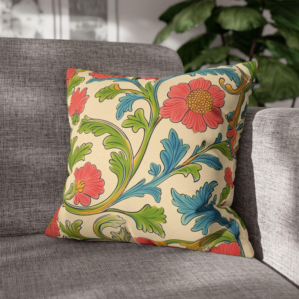 Arts and Crafts Floral Pillow Cover: William Morris Lodden-Inspired Design in Coral, Blue, Green