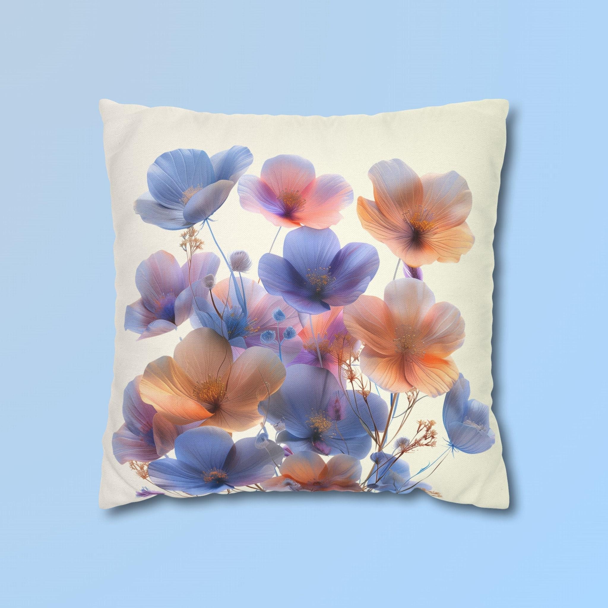 Watercolor Floral Throw Pillow Cover, Translucent Blossoms Decor