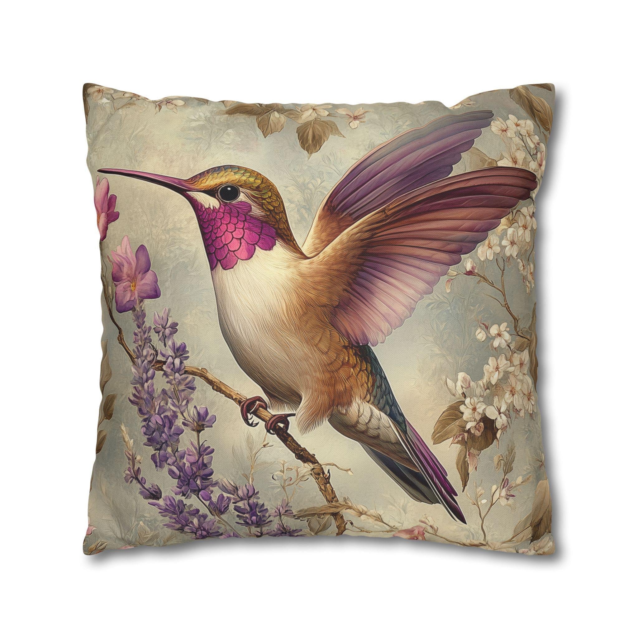 Vintage Style William Morris Inspired Hummingbird Pillow Cover: Elegant Botanical Lavender Bloom Garden Cushion