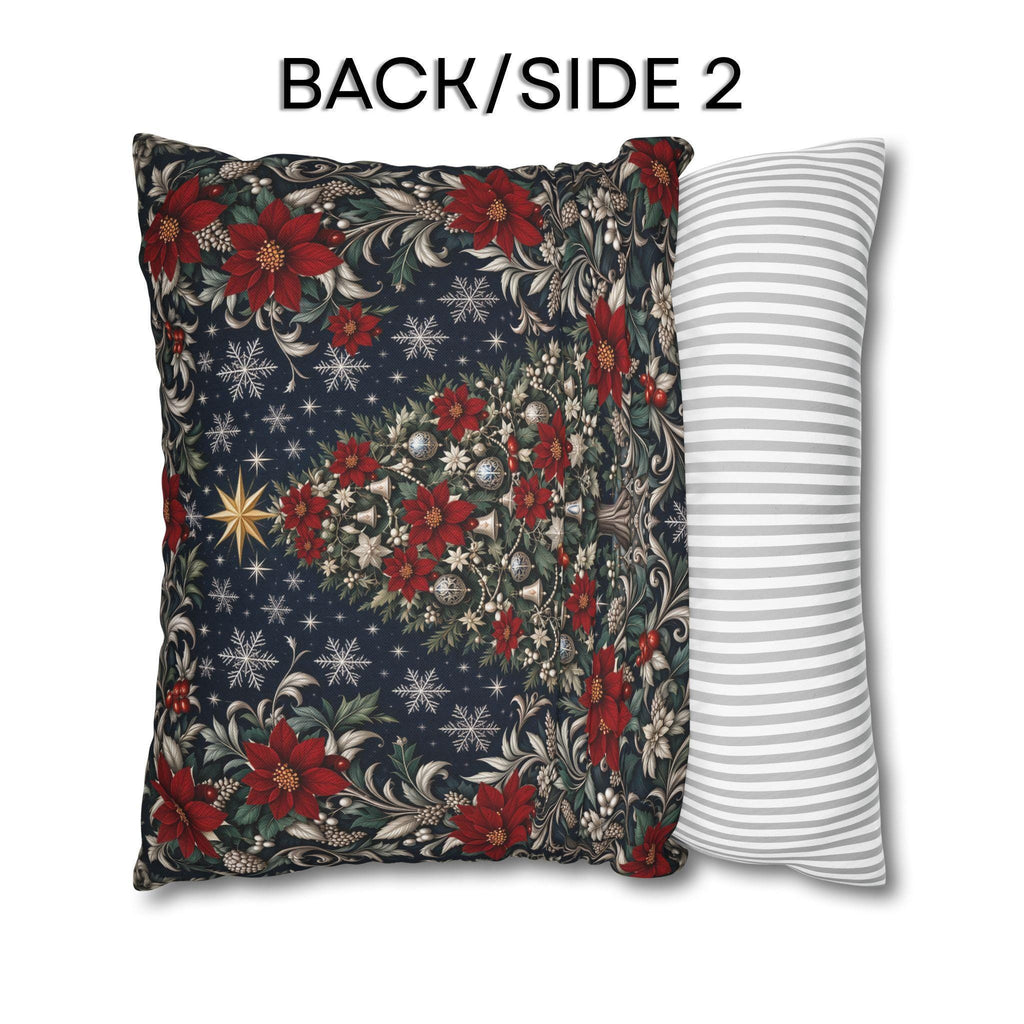 William Morris Christmas Pillow Cover: Navy Blue Poinsettia, Silver Snowflake Vintage Style Holiday