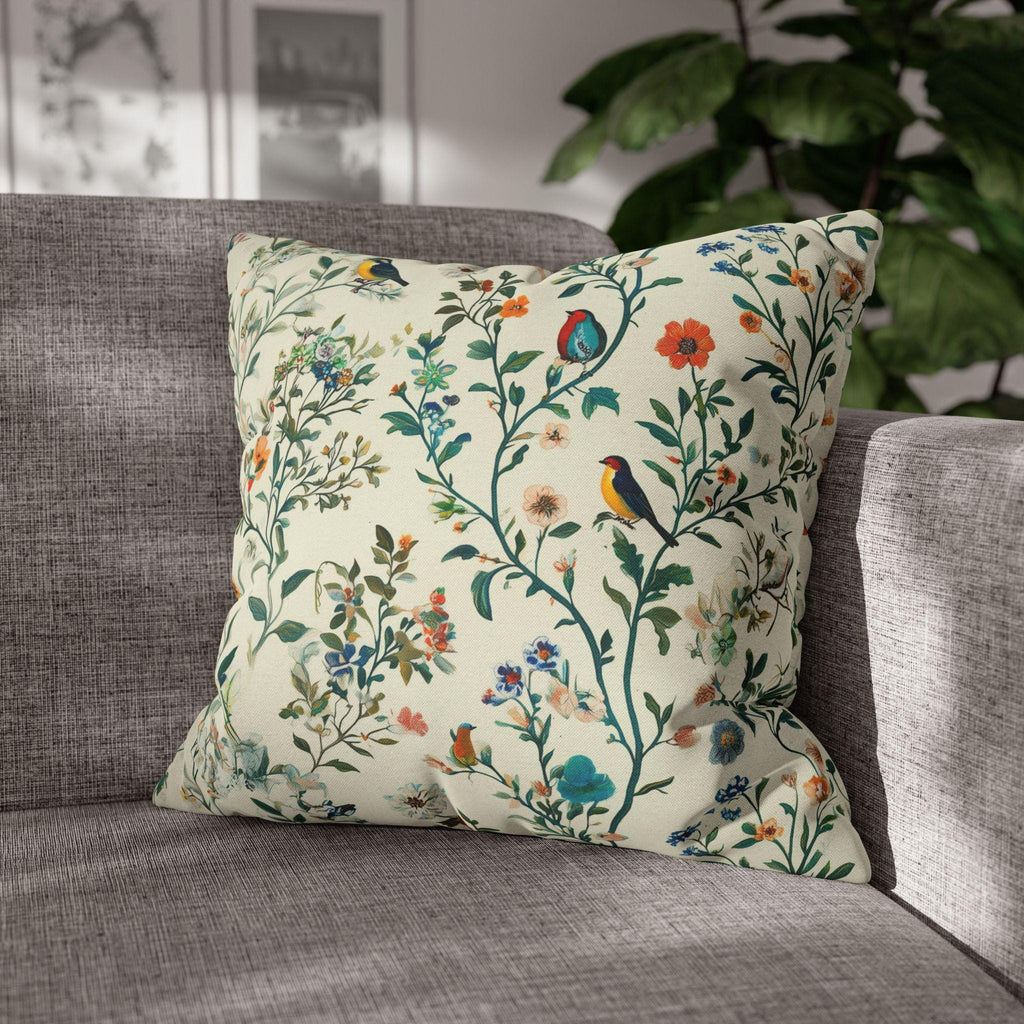 Vintage Chinoiserie Bird Pillow Cover: Cream Floral Botanical Cushion