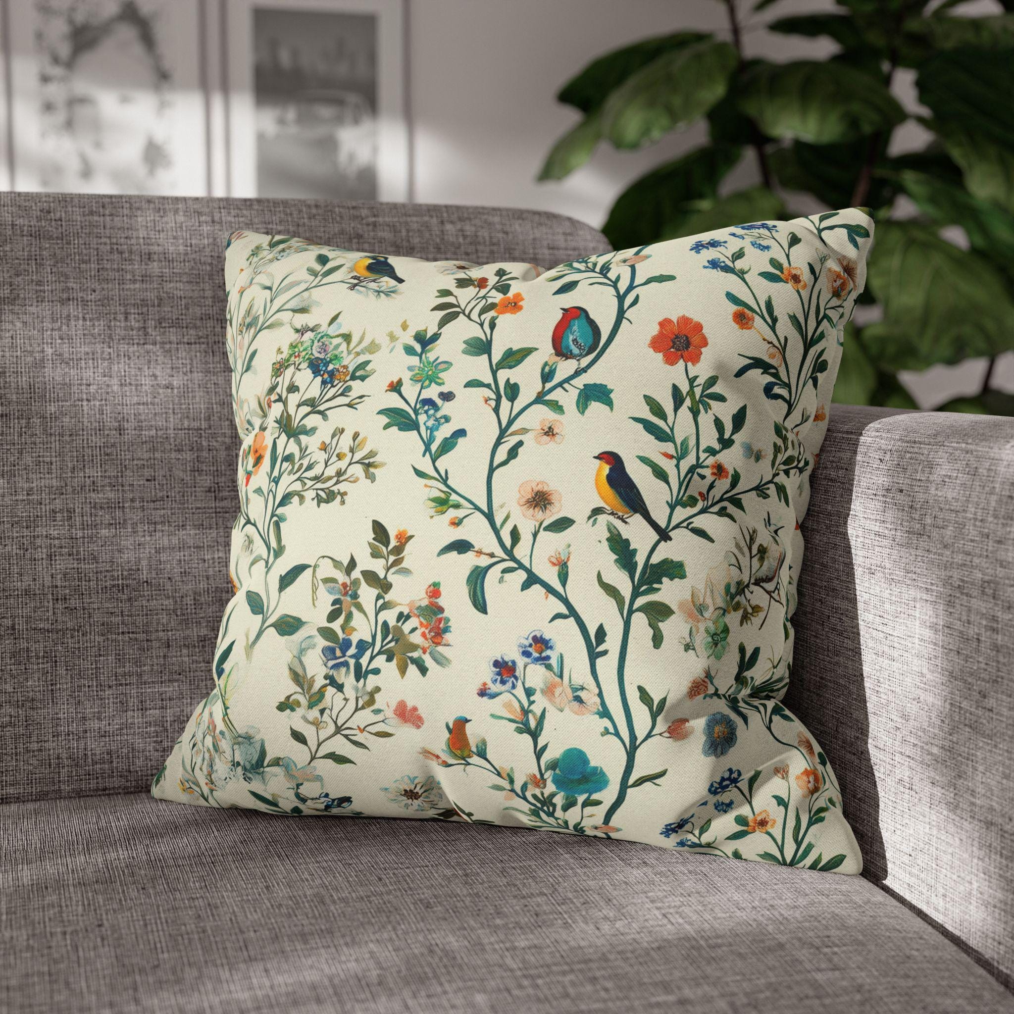 Vintage Chinoiserie Bird Pillow Cover: Cream Floral Botanical Cushion