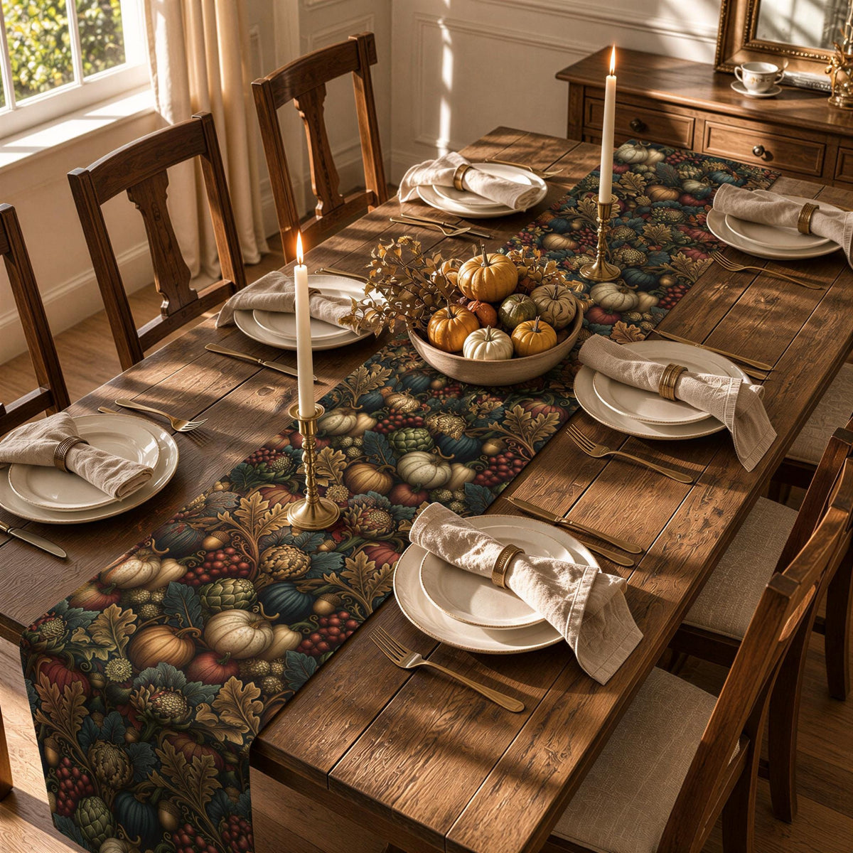 William Morris Inspired Fall Table Runner: Pumpkin, Artichoke, and Berry Harvest Tapestry