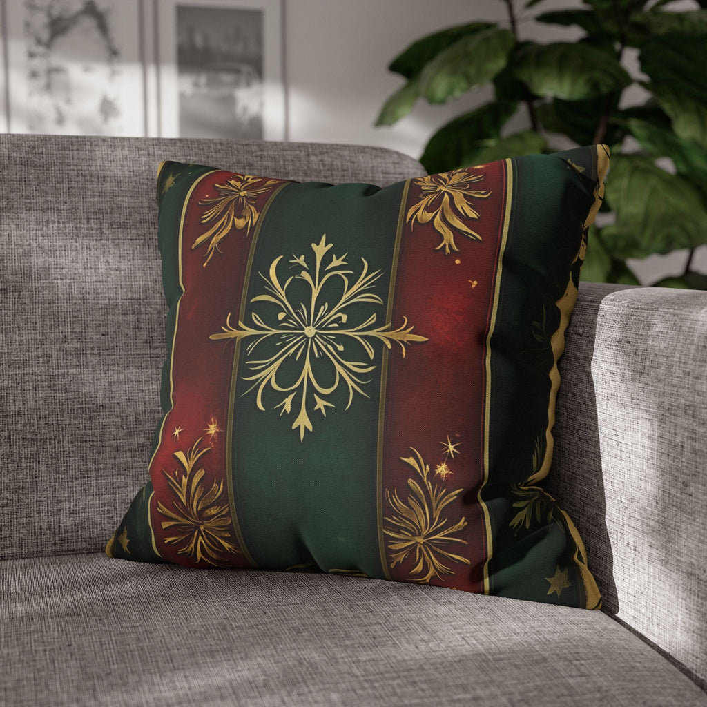 Red and Green Striped Holiday Pillow Cover: Gold Floral Accent