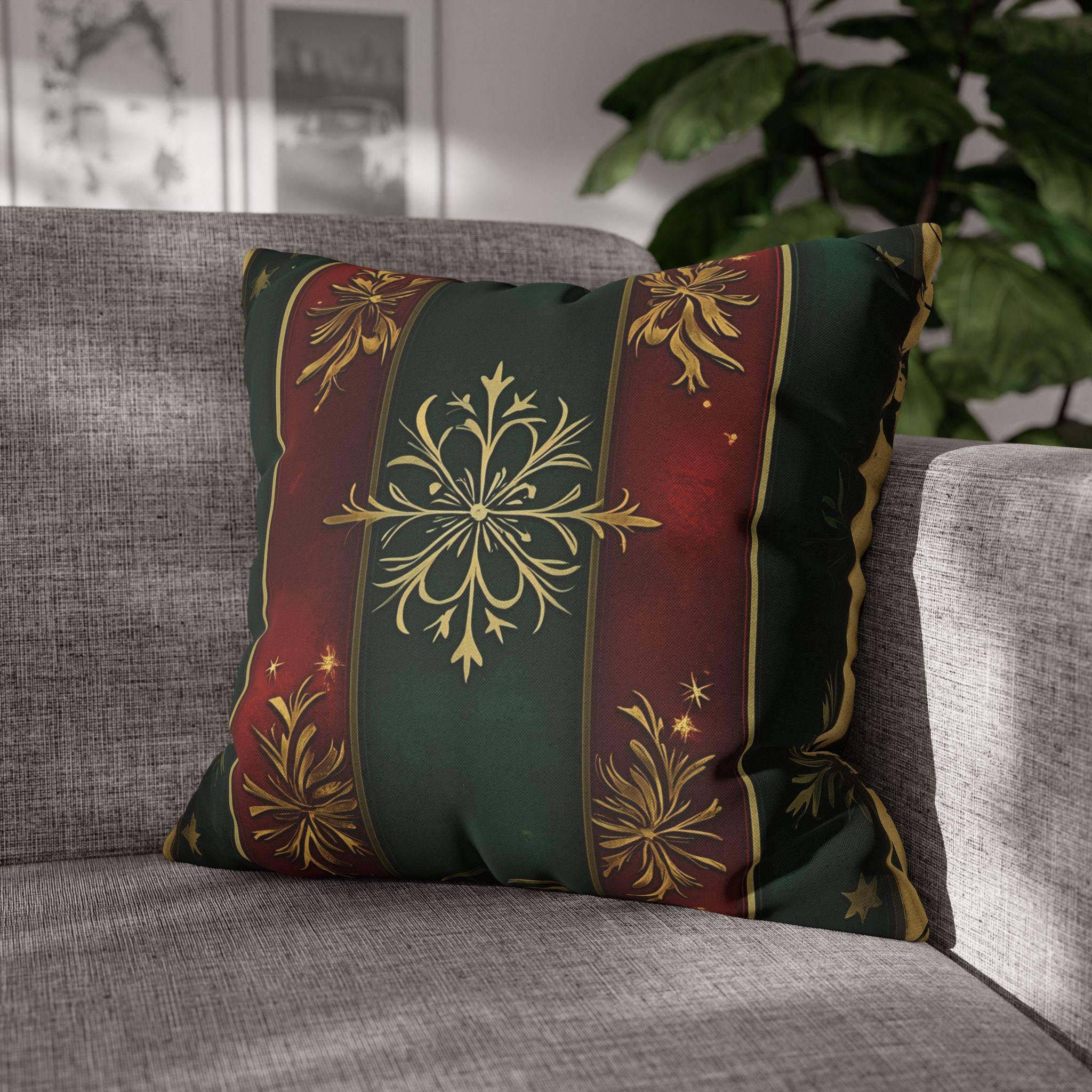 Red and Green Striped Holiday Pillow Cover: Gold Floral Accent