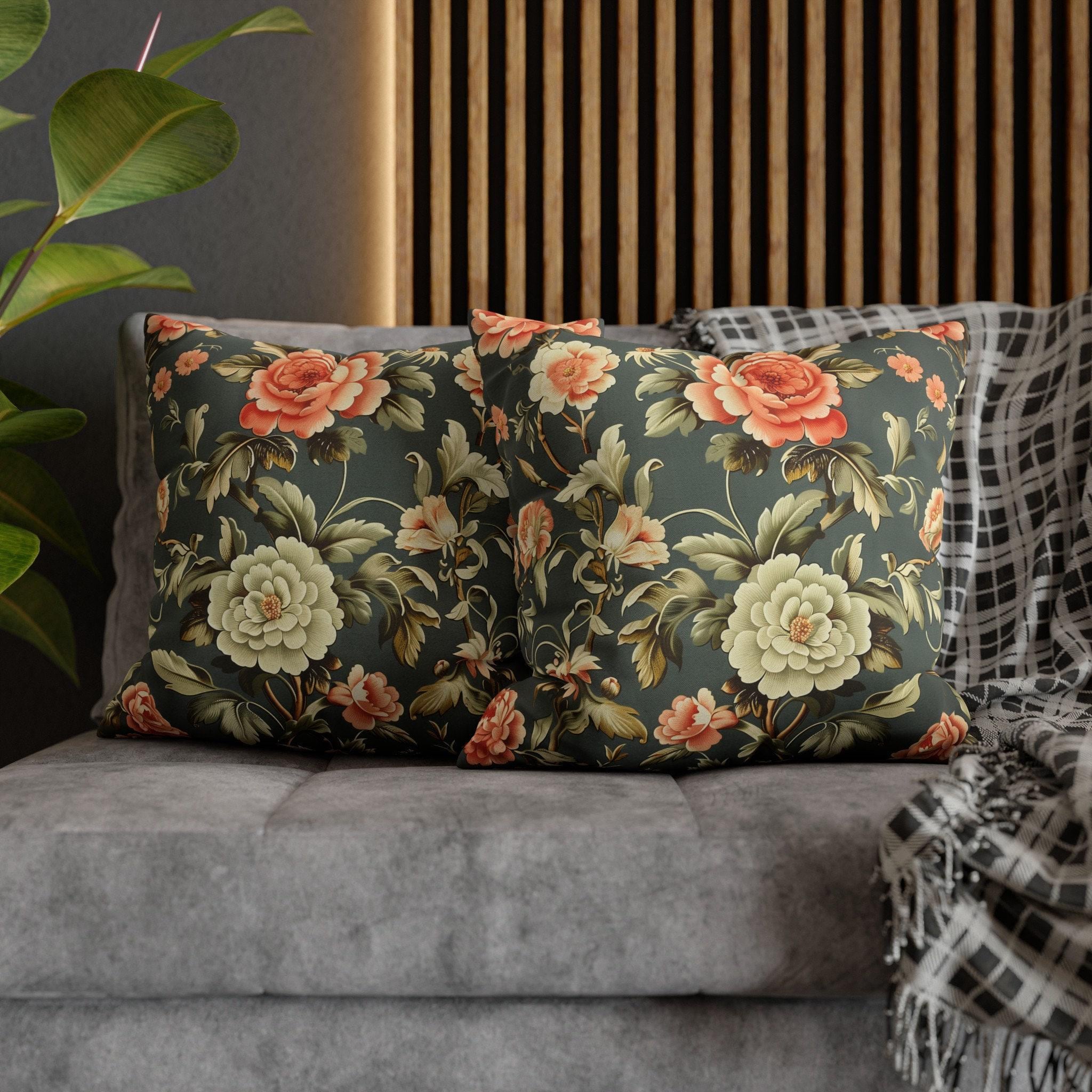 Vintage Style Floral Pillow Cover: Dark Green, Coral & Peach Peonies