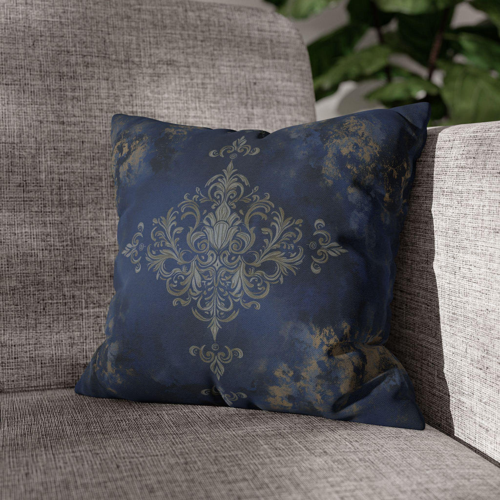 Navy Blue Damask Pillow Cover: Baroque Gold Accent Cushion