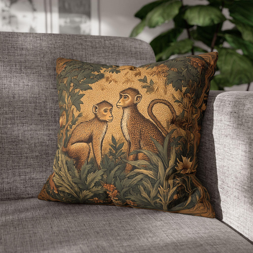 William Morris Style Throw Pillow Cover:  Monkey Jungle Botanical Design