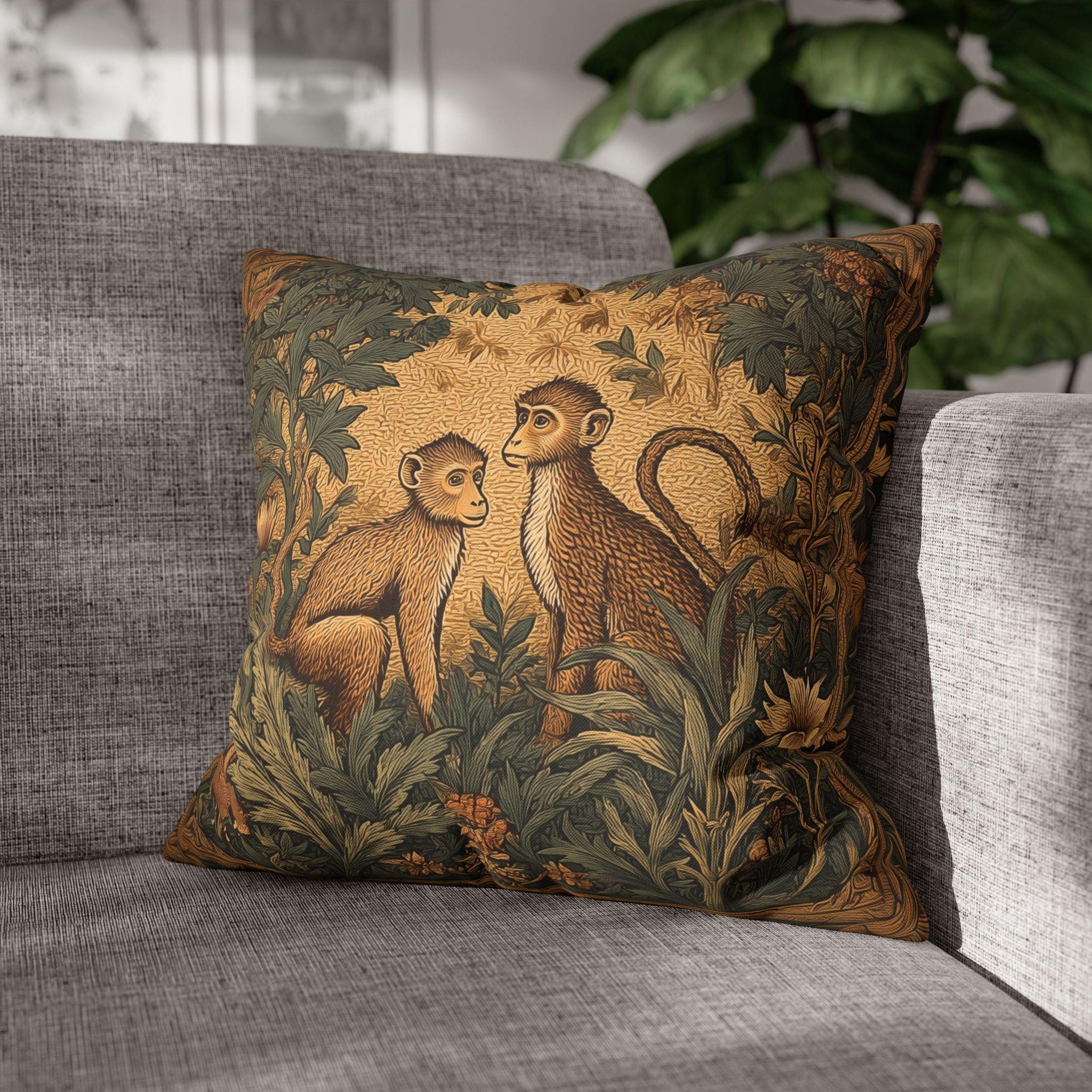 William Morris Style Throw Pillow Cover:  Monkey Jungle Botanical Design