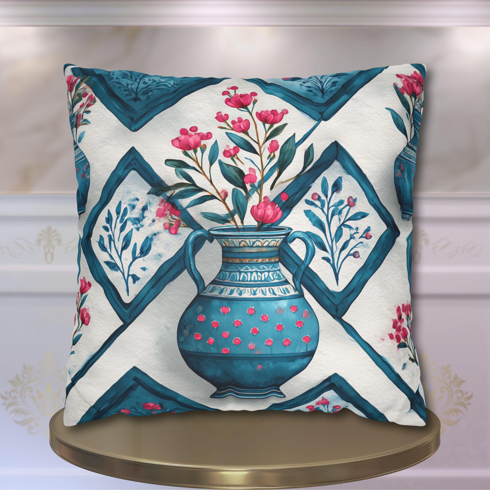 Watercolor Floral Vase Pillow Cover: Boho Home Decor, Teal, Pink