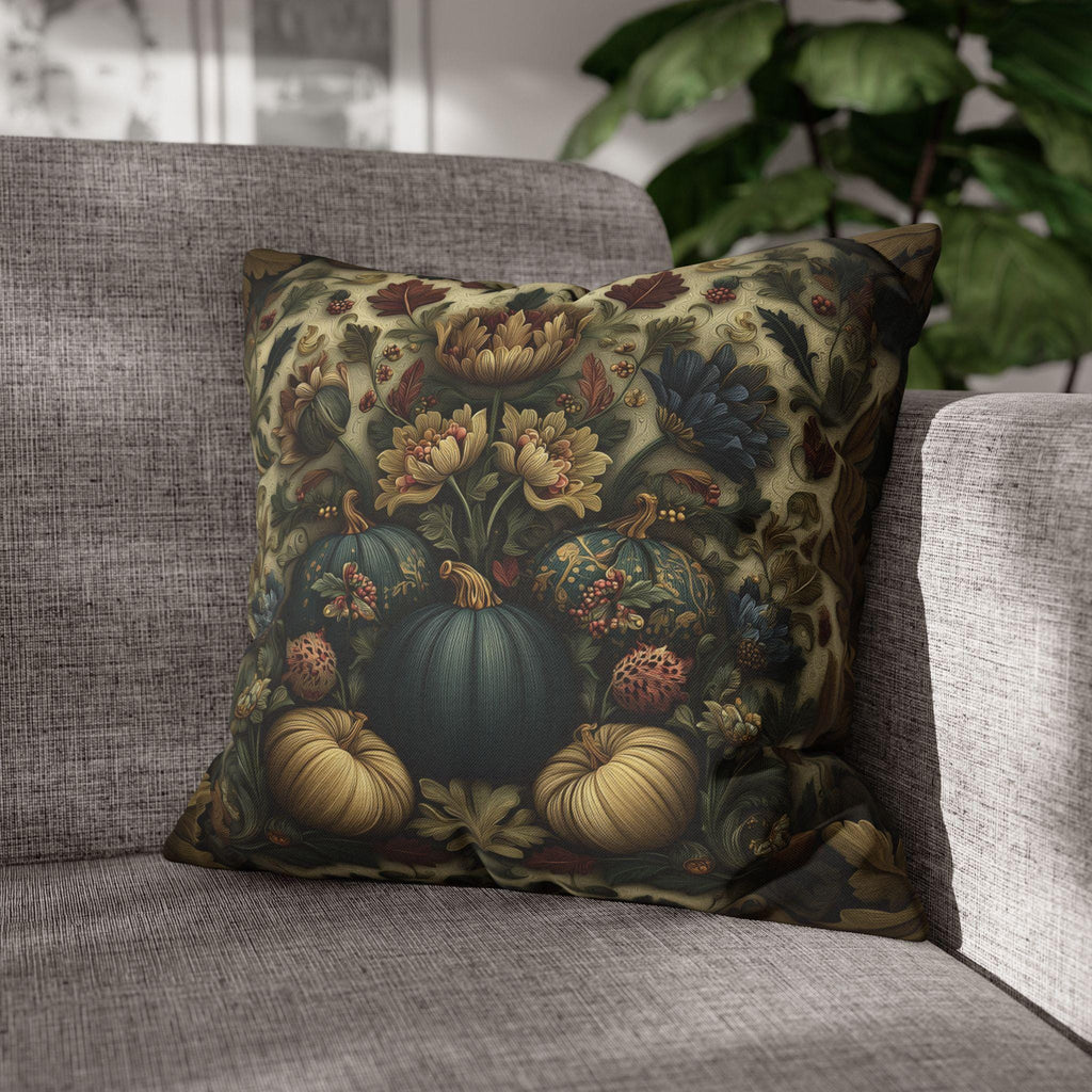 William Morris Inspired Autumn Pillow Cover: Blue Gold & Ivory Botanical Harvest Design