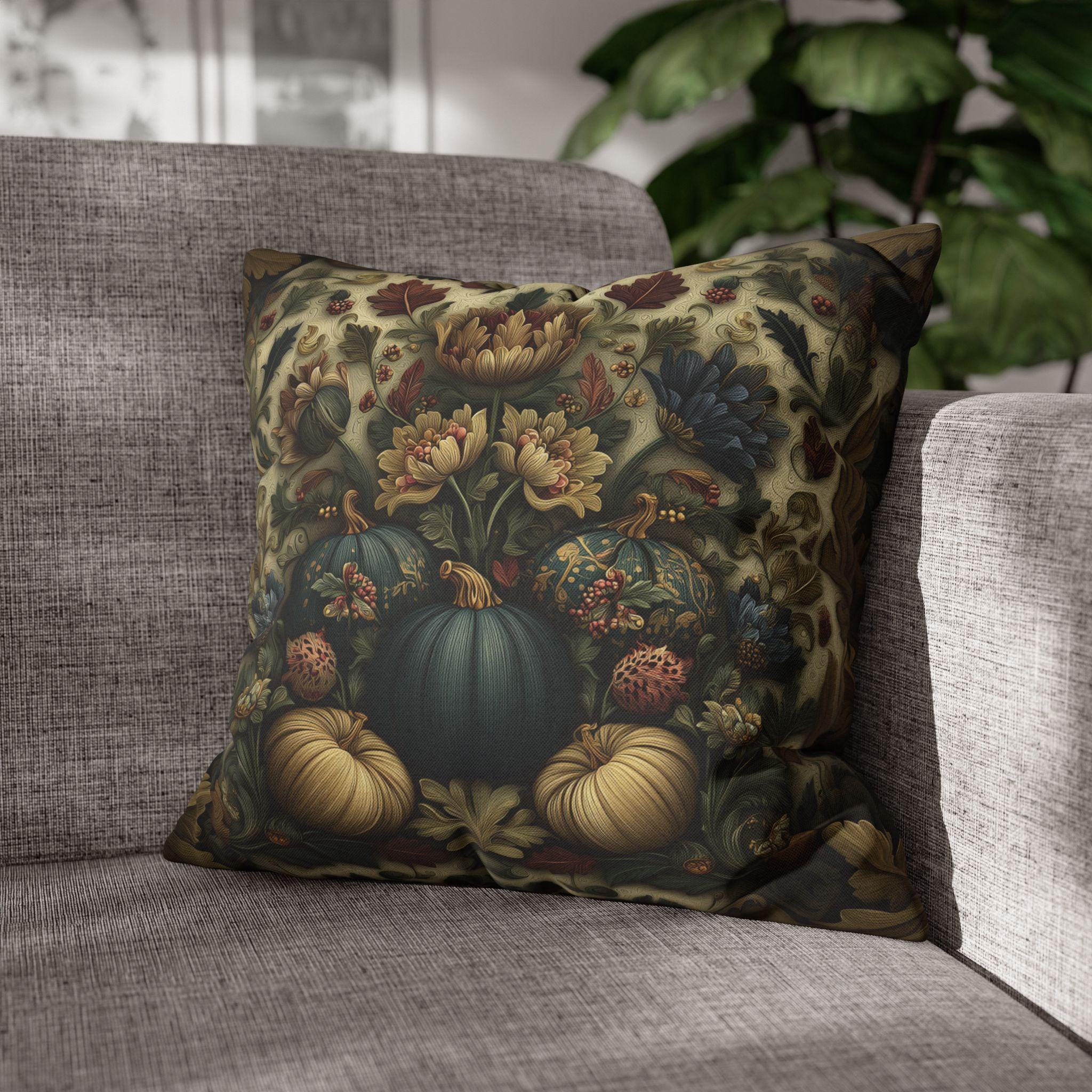 William Morris Inspired Autumn Pillow Cover: Blue Gold & Ivory Botanical Harvest Design