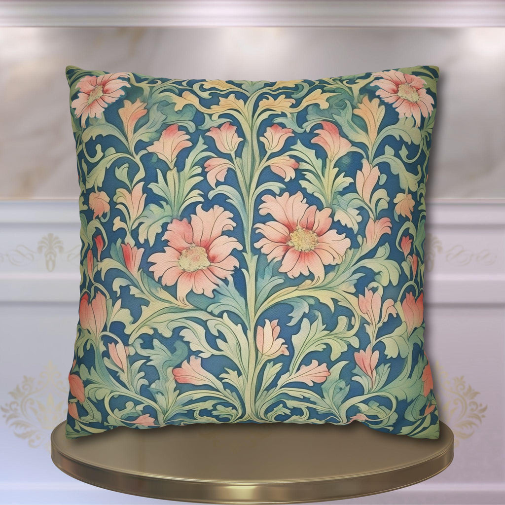 William Morris Pimpernel-Inspired Pillow Cover: Modern Blue & Coral Pink Botanical