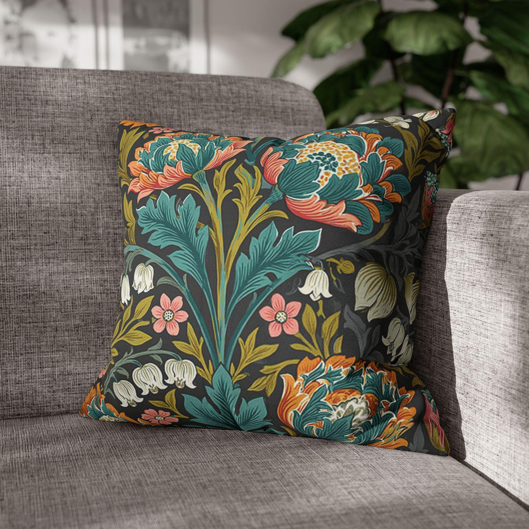 William Morris Style Throw Pillow Cover: Moody Teal Coral Botanical