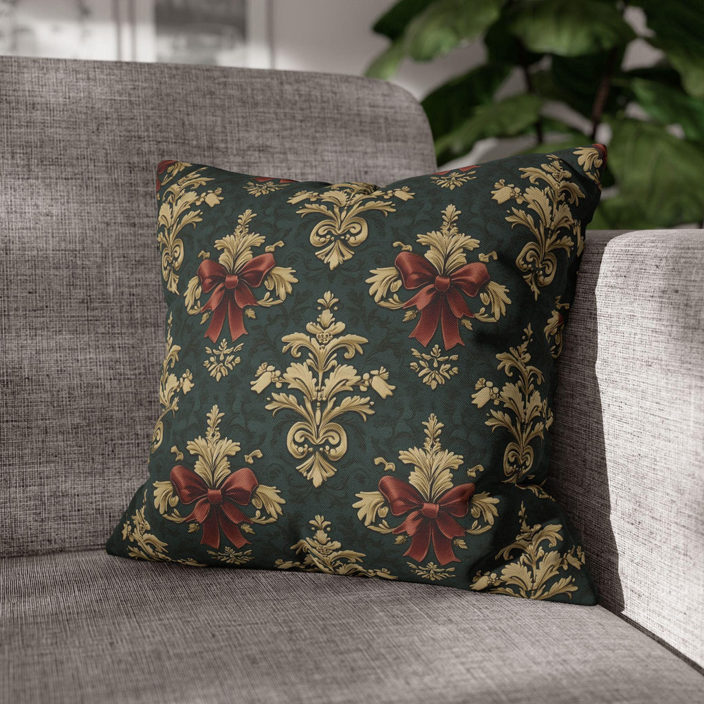 Baroque Damask Christmas Pillow Cover: Evergreen Gold and Simulated Red Bow Holiday Accent