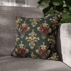 Baroque Damask Christmas Pillow Cover: Evergreen Gold and Simulated Red Bow Holiday Accent