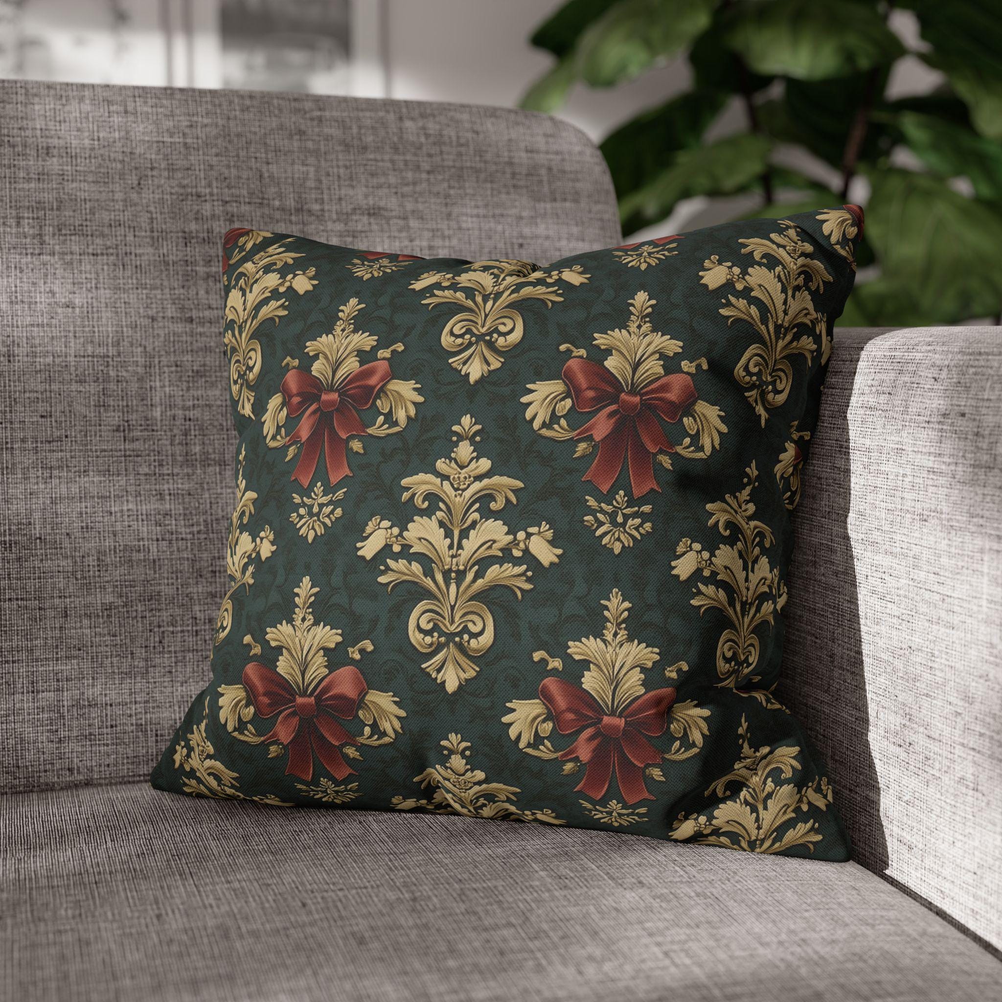 Baroque Damask Christmas Pillow Cover: Evergreen Gold and Simulated Red Bow Holiday Accent