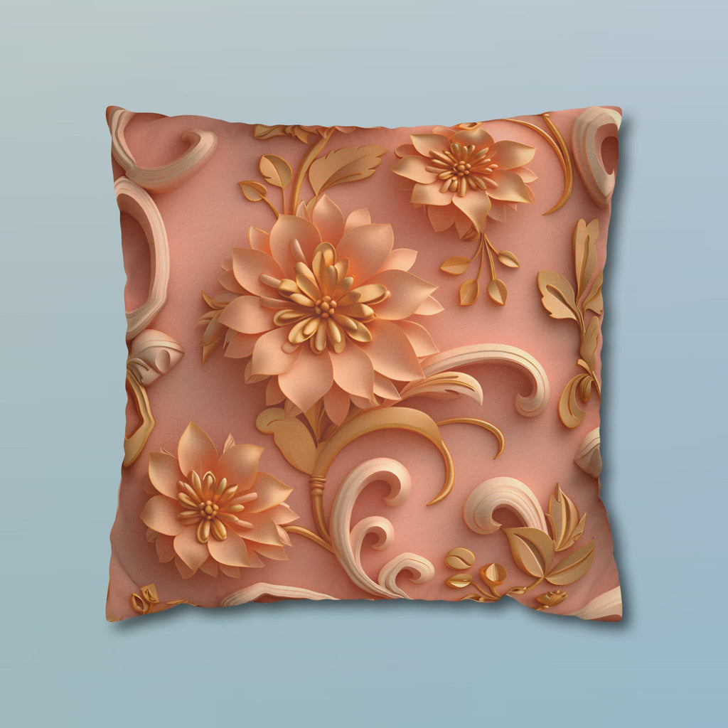 Peach Floral Rococo Pillow Cover: Gold Botanical Accent, Luxury Home Decor