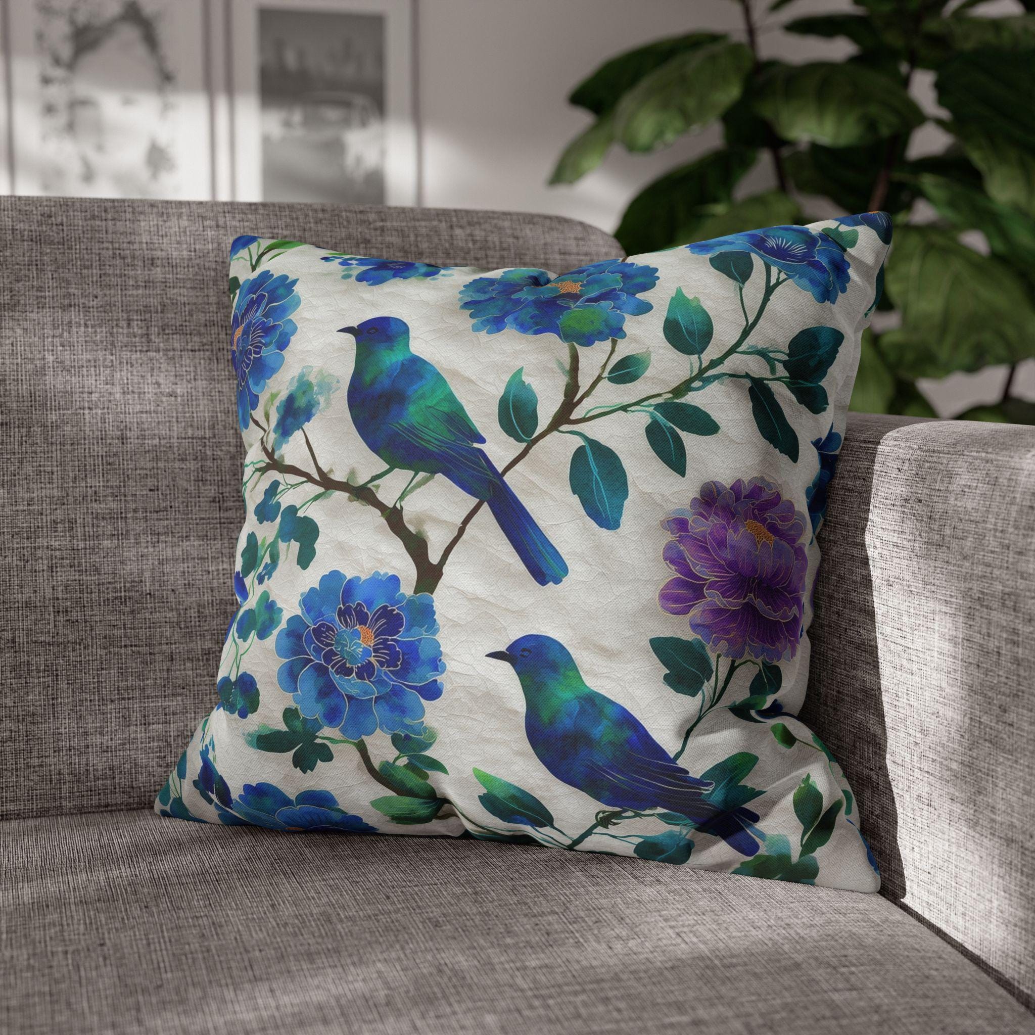Chinoiserie Songbird Throw Pillow Cover: Cobalt, Teal, Violet - Multiple Sizes