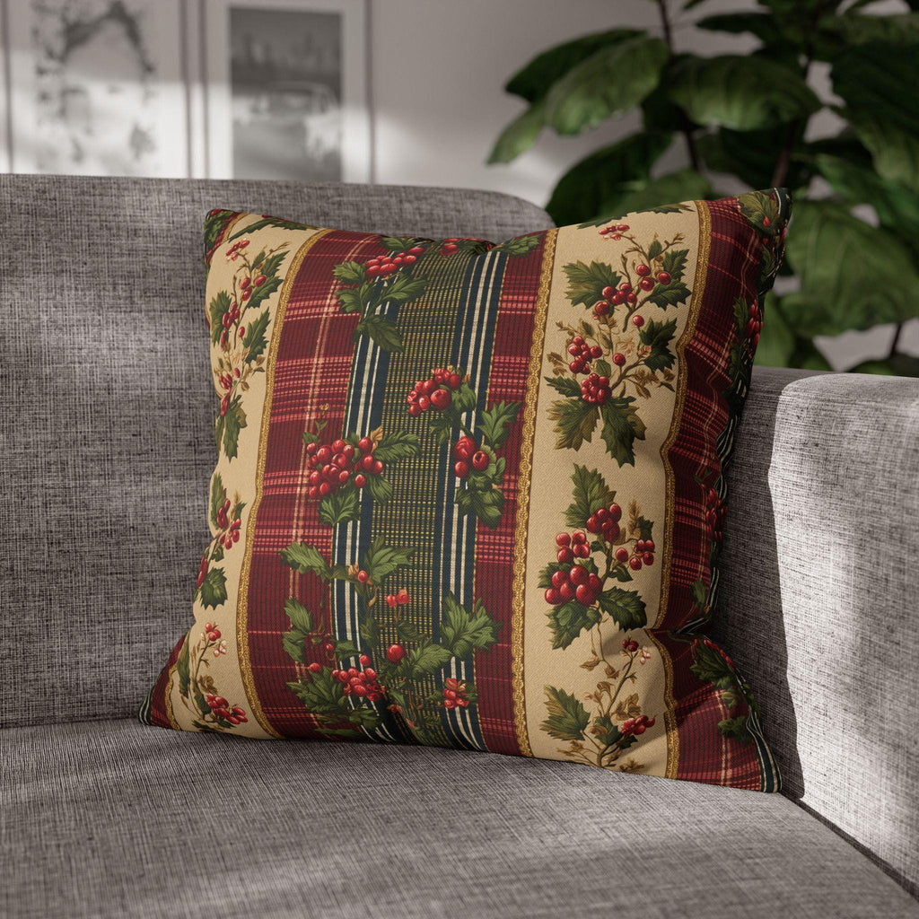 Christmas Pillow Cover: Classic Vintage Style Holly & Tartan Plaid in Red Green and Cream