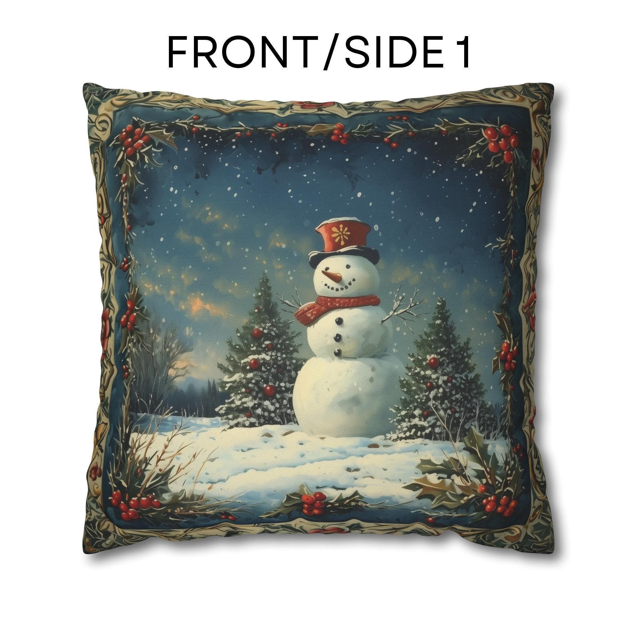 Oil Painting Style Christmas Pillow Cover: Snowman & Blue Forest Scene